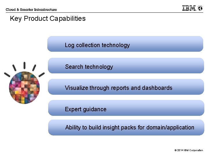 Key Product Capabilities Log collection technology Search technology Visualize through reports and dashboards Expert