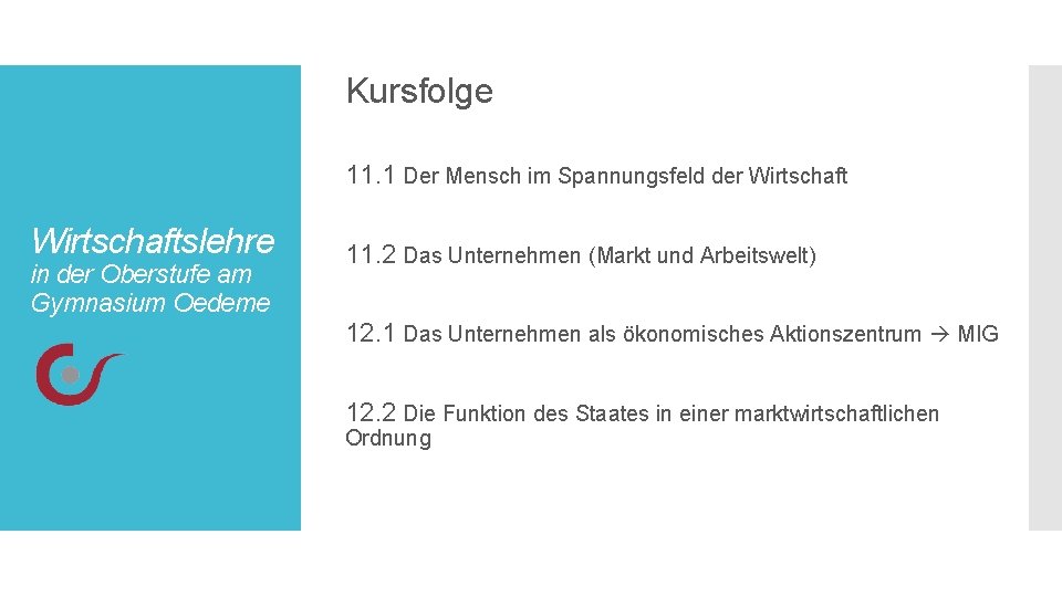 Kursfolge 11. 1 Der Mensch im Spannungsfeld der Wirtschaftslehre in der Oberstufe am Gymnasium