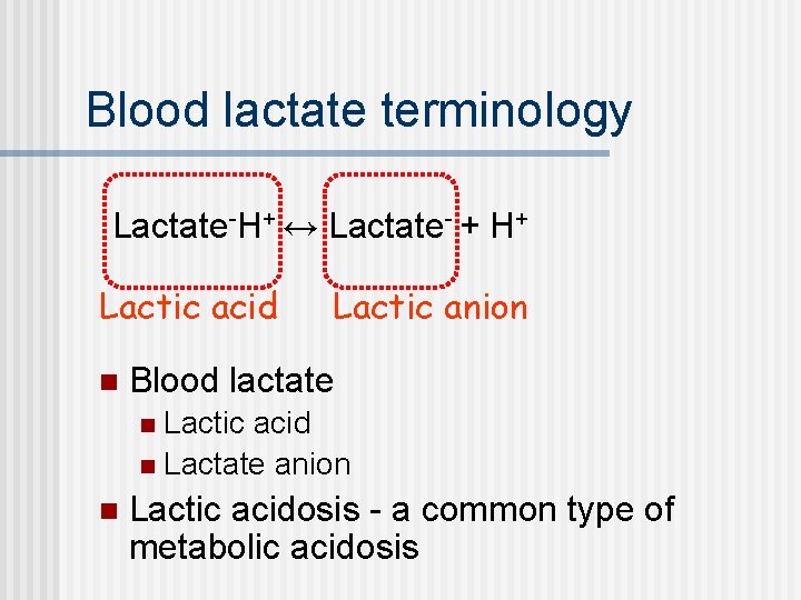 Blood lactate terminology Lactate-H+ ↔ Lactate- + H+ Lactic acid n Lactic anion Blood