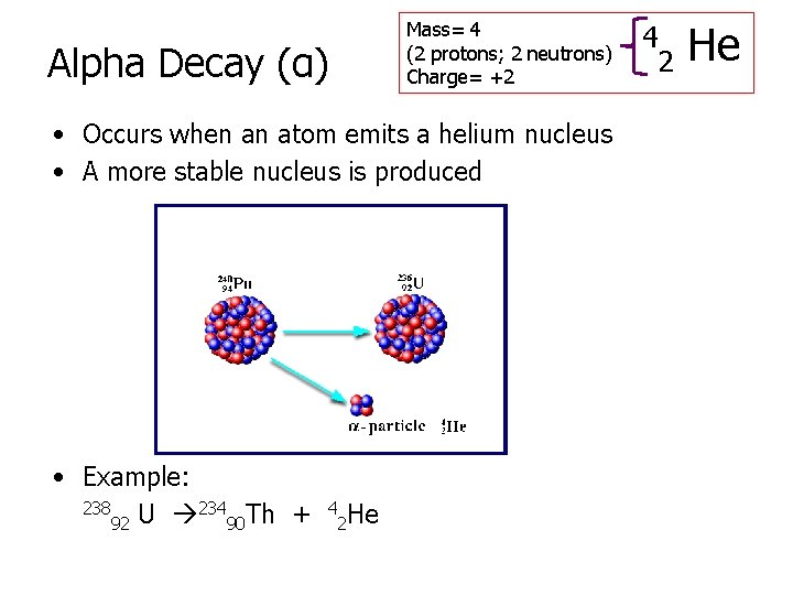Mass= 4 (2 protons; 2 neutrons) Charge= +2 Alpha Decay (α) • Occurs when