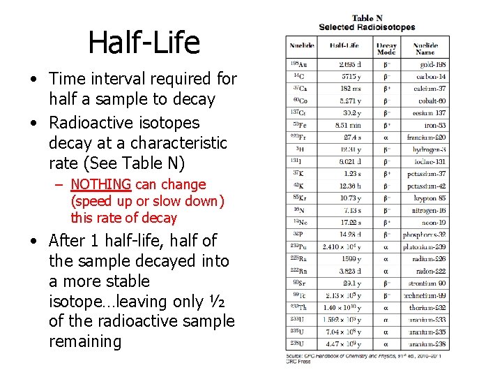 Half-Life • Time interval required for half a sample to decay • Radioactive isotopes