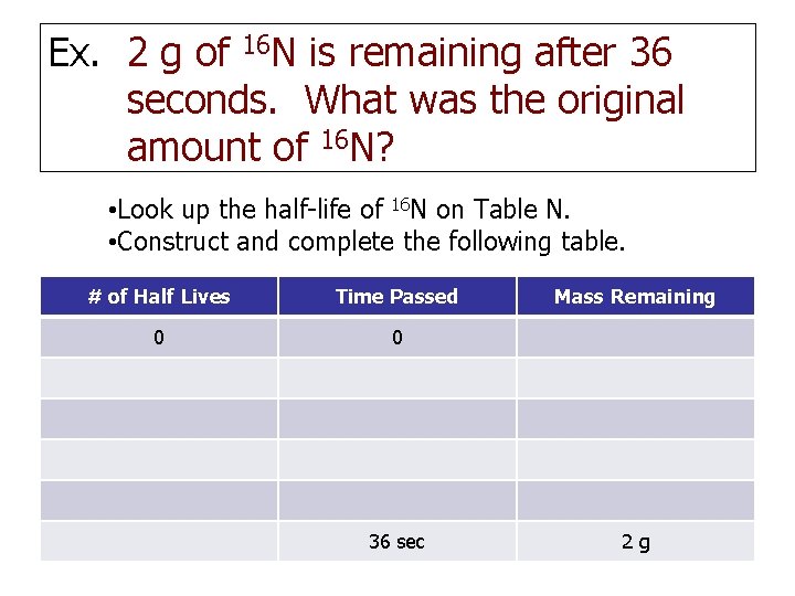 Ex. 2 g of 16 N is remaining after 36 seconds. What was the