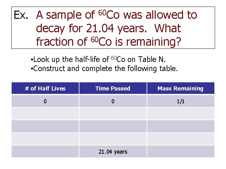 Ex. A sample of 60 Co was allowed to decay for 21. 04 years.