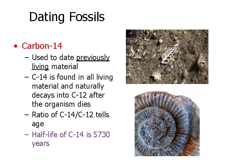 Dating Fossils • Carbon-14 – Used to date previously living material – C-14 is