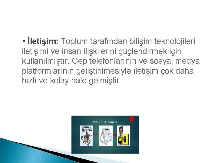  • İletişim: Toplum tarafından bilişim teknolojileri iletişimi ve insan ilişkilerini güçlendirmek için kullanılmıştır.