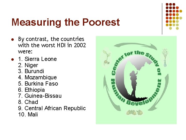 Measuring the Poorest l l By contrast, the countries with the worst HDI in
