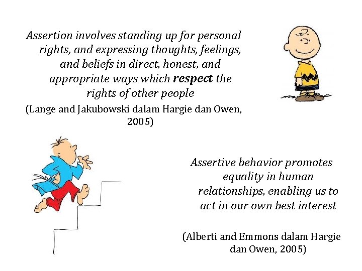 Assertion involves standing up for personal rights, and expressing thoughts, feelings, and beliefs in
