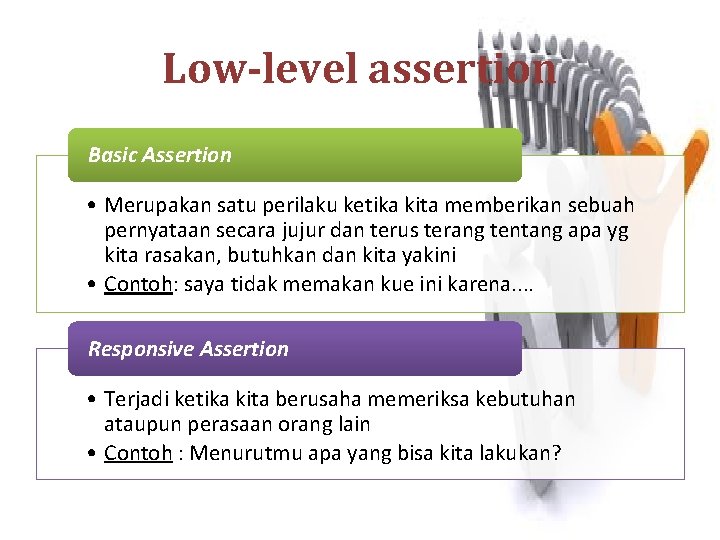 Low-level assertion Basic Assertion • Merupakan satu perilaku ketika kita memberikan sebuah pernyataan secara