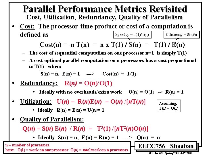 Parallel Performance Metrics Revisited Cost, Utilization, Redundancy, Quality of Parallelism • Cost: The processor-time