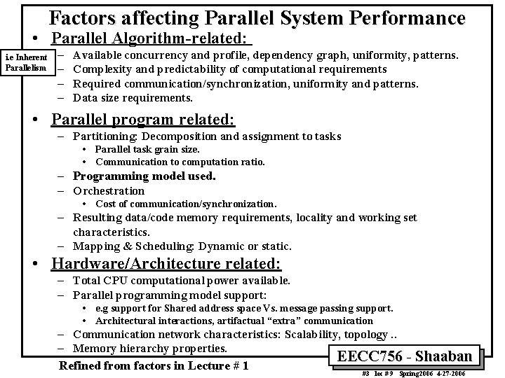 Factors affecting Parallel System Performance • Parallel Algorithm-related: i. e Inherent Parallelism – –