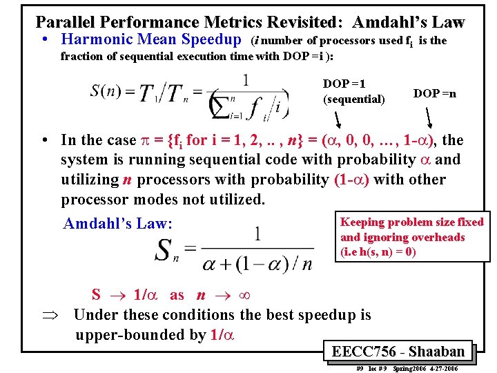 Parallel Performance Metrics Revisited: Amdahl’s Law • Harmonic Mean Speedup (i number of processors