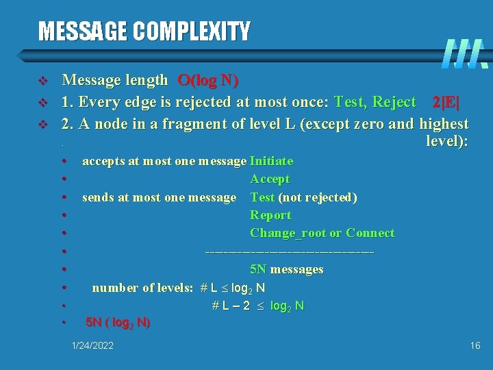 MESSAGE COMPLEXITY v v v Message length O(log N) 1. Every edge is rejected