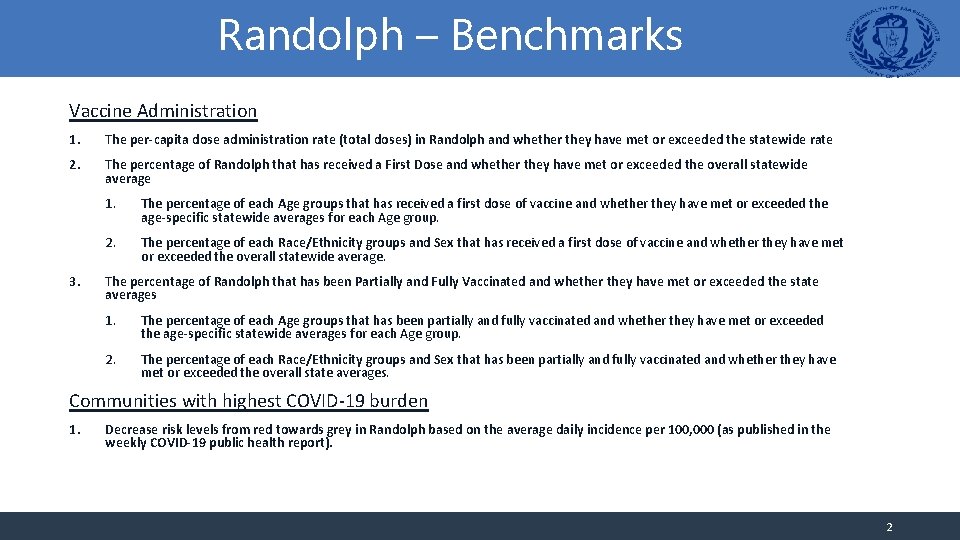 Randolph – Benchmarks Vaccine Administration 1. The per-capita dose administration rate (total doses) in