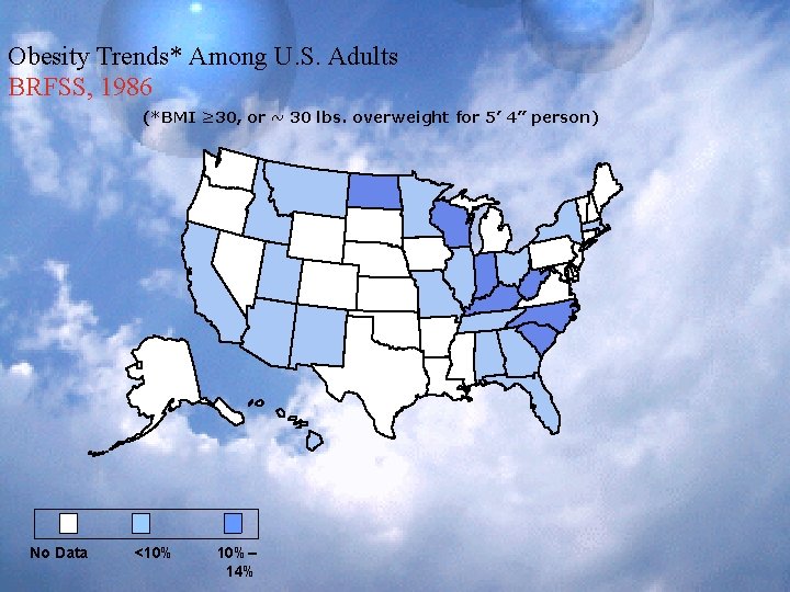 Obesity Trends* Among U. S. Adults BRFSS, 1986 (*BMI ≥ 30, or ~ 30