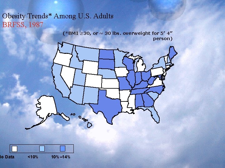 Obesity Trends* Among U. S. Adults BRFSS, 1987 No Data (*BMI ≥ 30, or