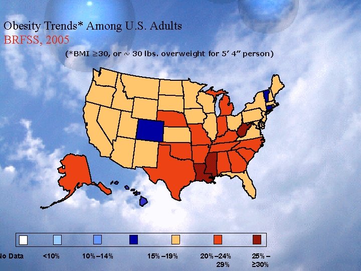 Obesity Trends* Among U. S. Adults BRFSS, 2005 No Data (*BMI ≥ 30, or