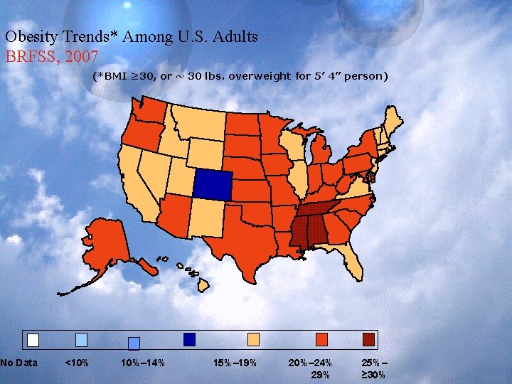 Obesity Trends* Among U. S. Adults BRFSS, 2007 No Data (*BMI ≥ 30, or