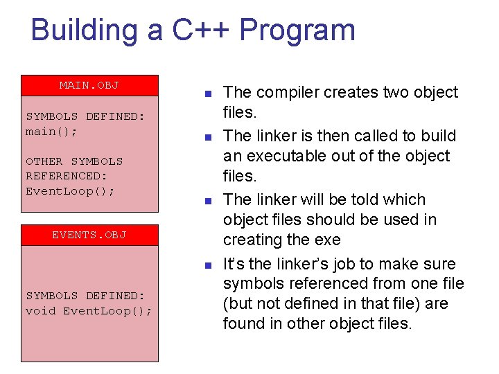 Building a C++ Program MAIN. OBJ SYMBOLS DEFINED: main(); OTHER SYMBOLS REFERENCED: Event. Loop();