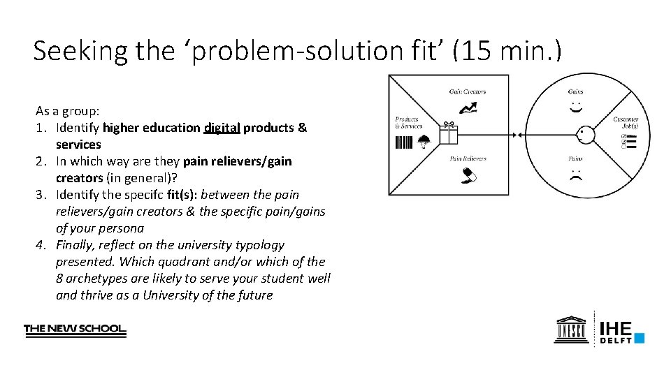 Seeking the ‘problem-solution fit’ (15 min. ) As a group: 1. Identify higher education