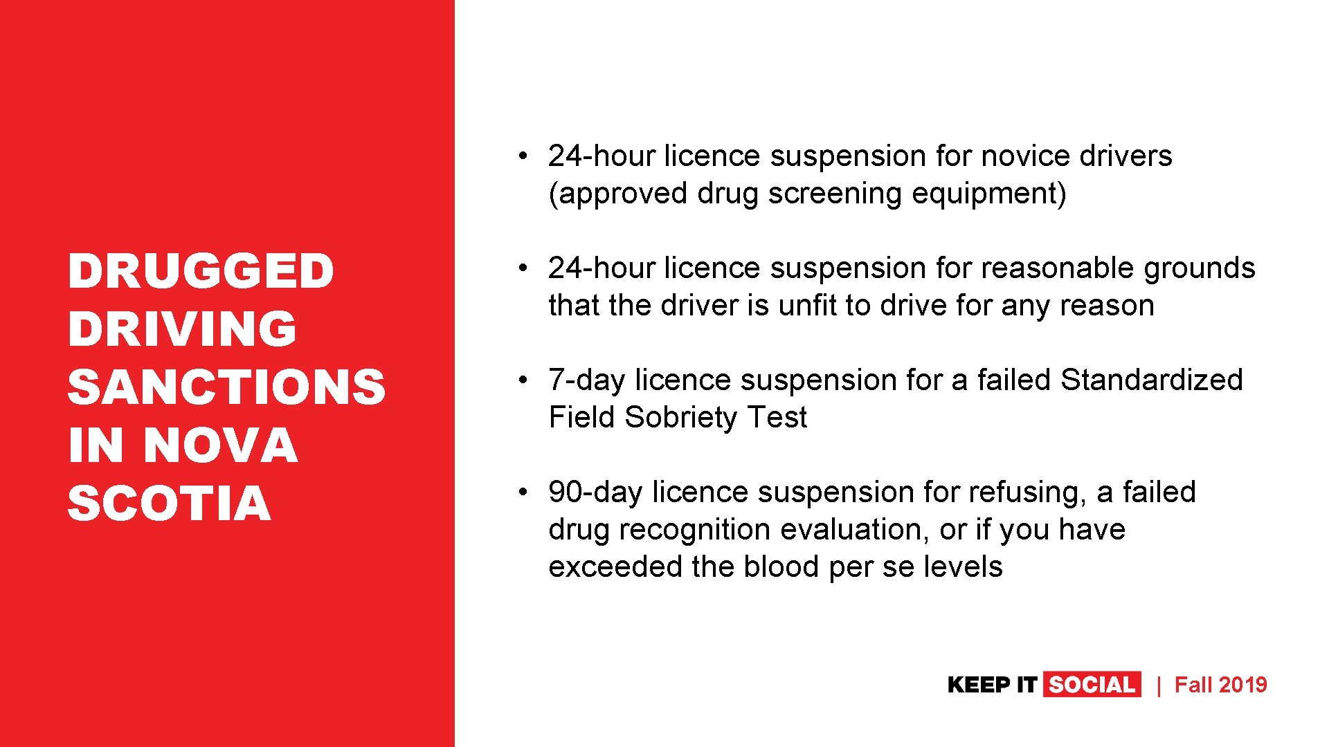  • 24 -hour licence suspension for novice drivers (approved drug screening equipment) DRUGGED