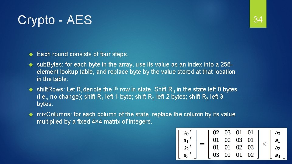 Crypto - AES Each round consists of four steps. sub. Bytes: for each byte