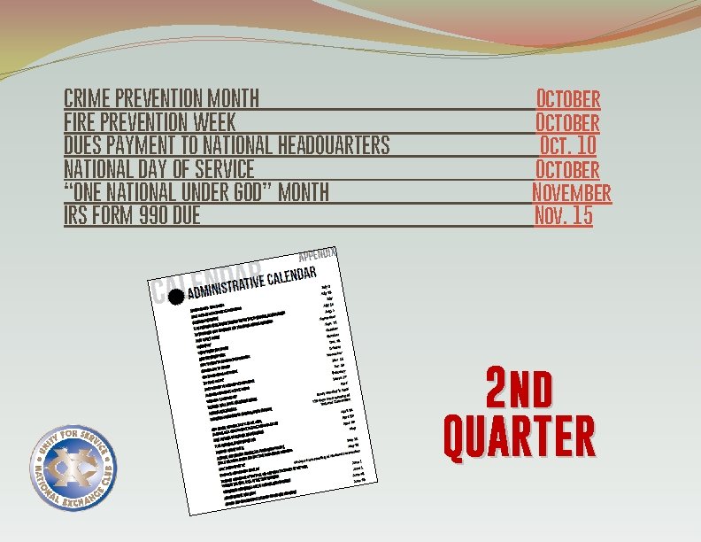 CRIME PREVENTION MONTH FIRE PREVENTION WEEK DUES PAYMENT TO NATIONAL HEADQUARTERS NATIONAL DAY OF