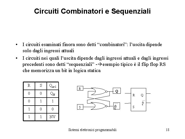 Circuiti Combinatori e Sequenziali • I circuiti esaminati finora sono detti “combinatori”: l’uscita dipende