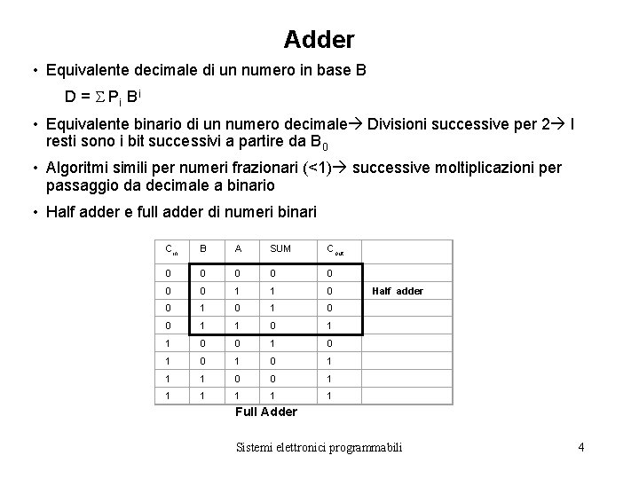 Adder • Equivalente decimale di un numero in base B D = P i