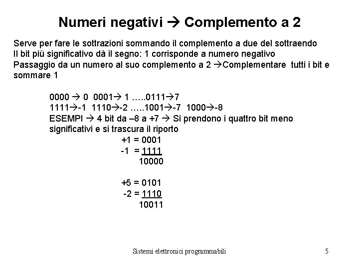 Numeri negativi Complemento a 2 Serve per fare le sottrazioni sommando il complemento a
