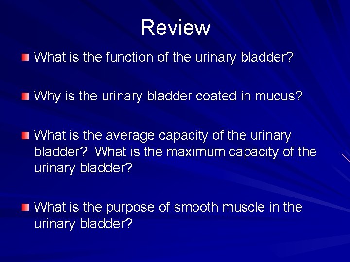 Review What is the function of the urinary bladder? Why is the urinary bladder