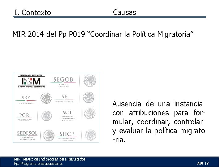 I. Contexto Causas MIR 2014 del Pp P 019 “Coordinar la Política Migratoria” Ausencia