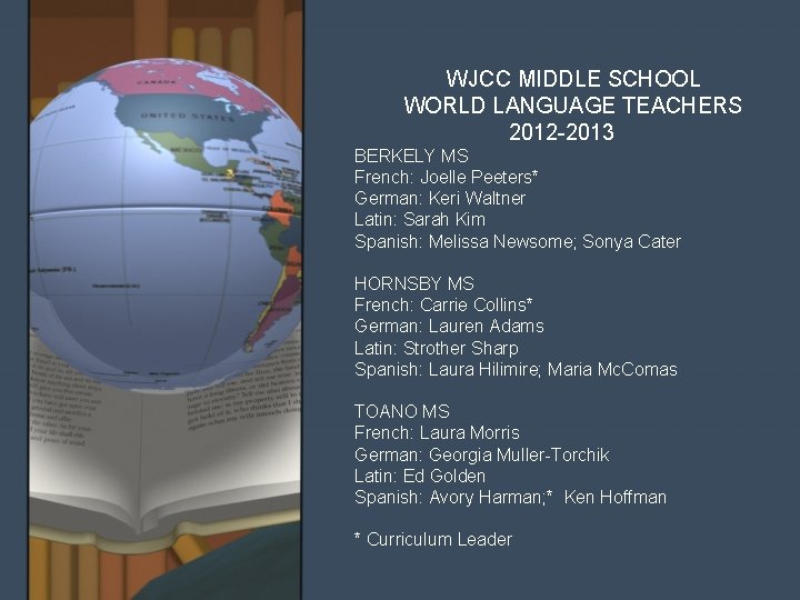 WJCC MIDDLE SCHOOL WORLD LANGUAGE TEACHERS 2012 -2013 BERKELY MS French: Joelle Peeters* German:
