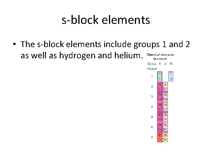 s-block elements • The s-block elements include groups 1 and 2 as well as