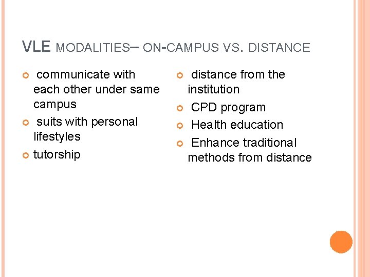 VLE MODALITIES– ON-CAMPUS VS. DISTANCE communicate with each other under same campus suits with