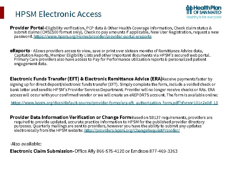 HPSM Electronic Access Provider Portal-Eligibility verification, PCP data & Other Health Coverage information, Check
