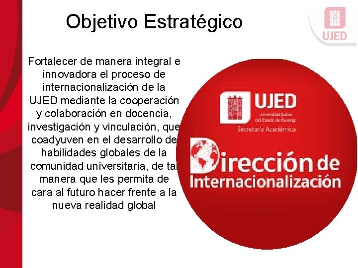 Objetivo Estratégico Fortalecer de manera integral e innovadora el proceso de internacionalización de la