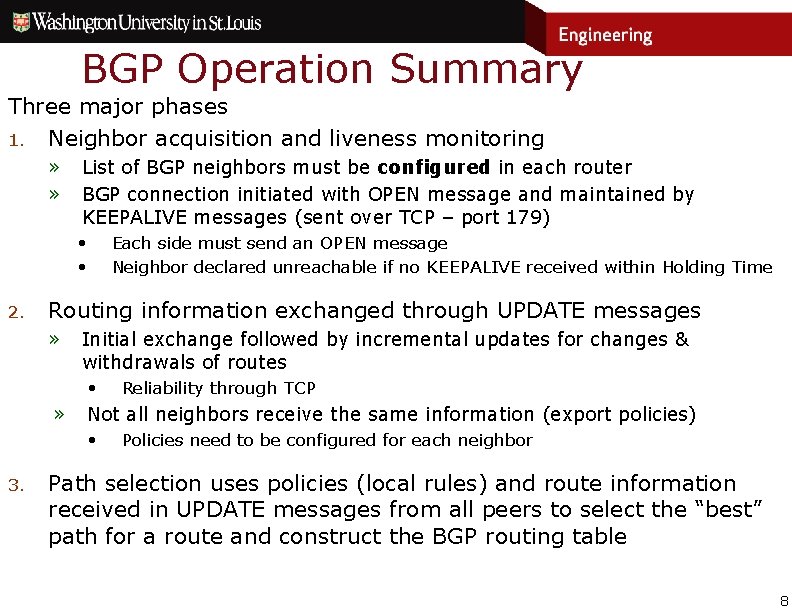 BGP Operation Summary Three major phases 1. Neighbor acquisition and liveness monitoring » »
