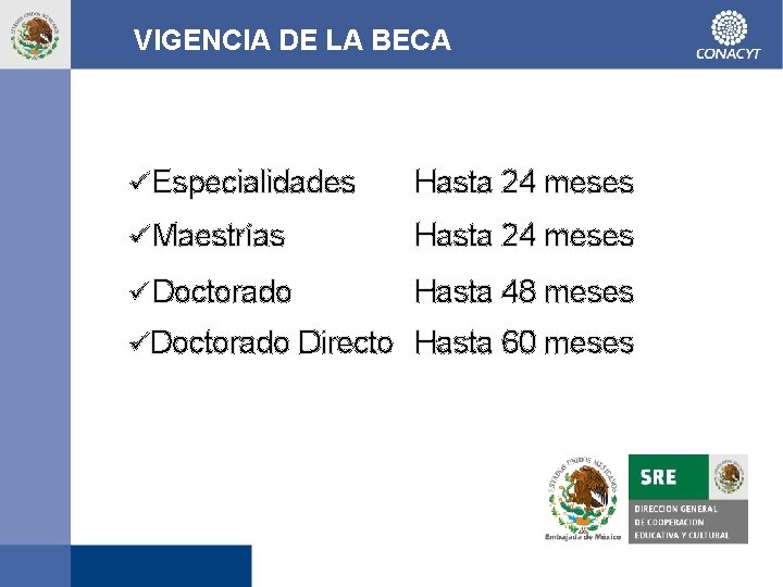 VIGENCIA DE LA BECA ü Especialidades Hasta 24 meses ü Maestrías Hasta 24 meses