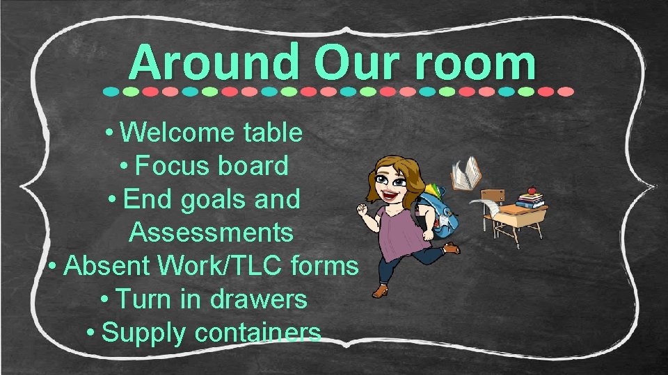 Around Our room • Welcome table • Focus board • End goals and Assessments