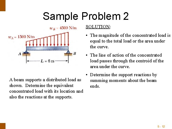 ENGINEERING MECHANICS : STATICS Sample Problem 2 SOLUTION: • The magnitude of the concentrated