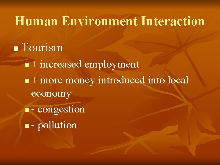 Human Environment Interaction n Tourism + increased employment n + more money introduced into