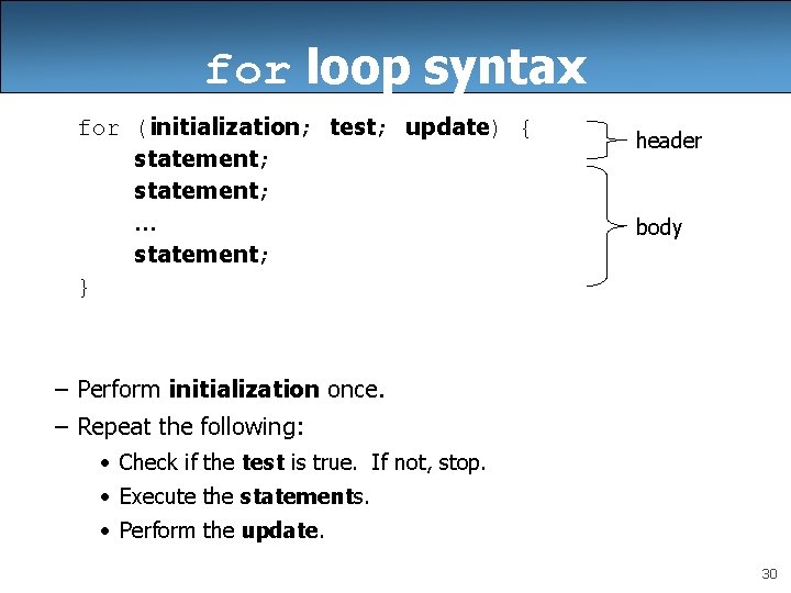 for loop syntax for (initialization; test; update) { statement; . . . statement; }