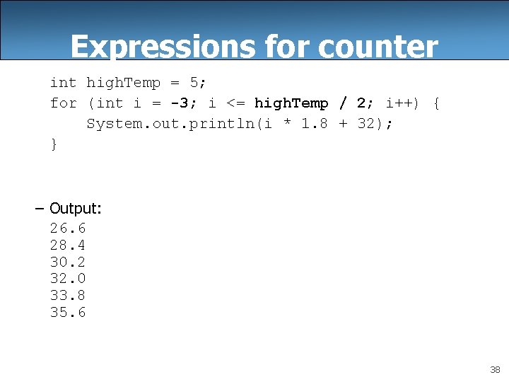 Expressions for counter int high. Temp = 5; for (int i = -3; i