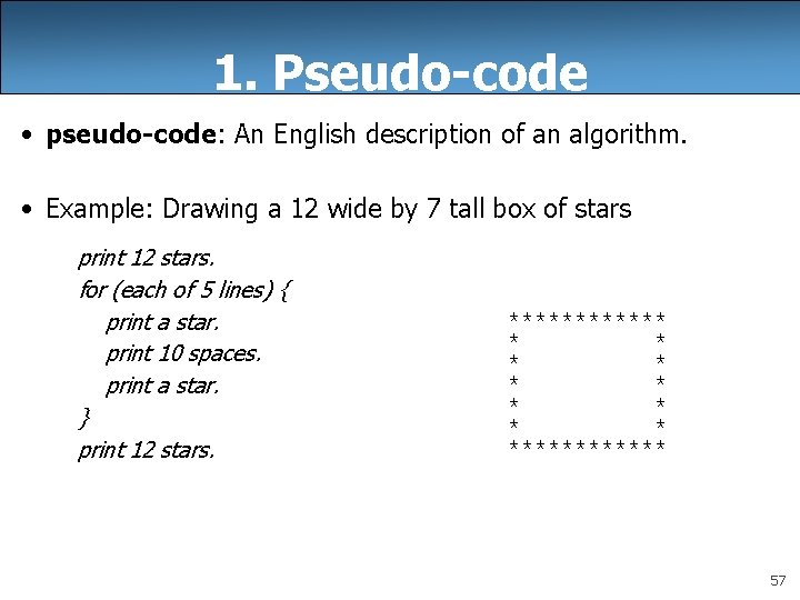 1. Pseudo-code • pseudo-code: An English description of an algorithm. • Example: Drawing a