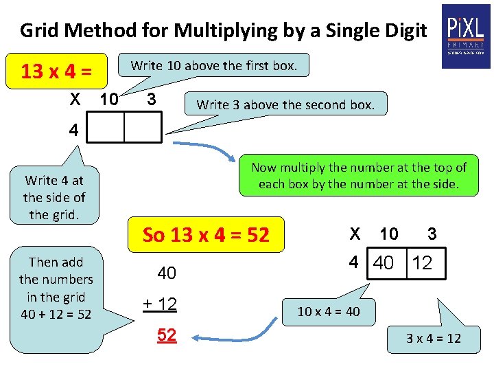 Grid Method for Multiplying by a Single Digit Write 10 above the first box.