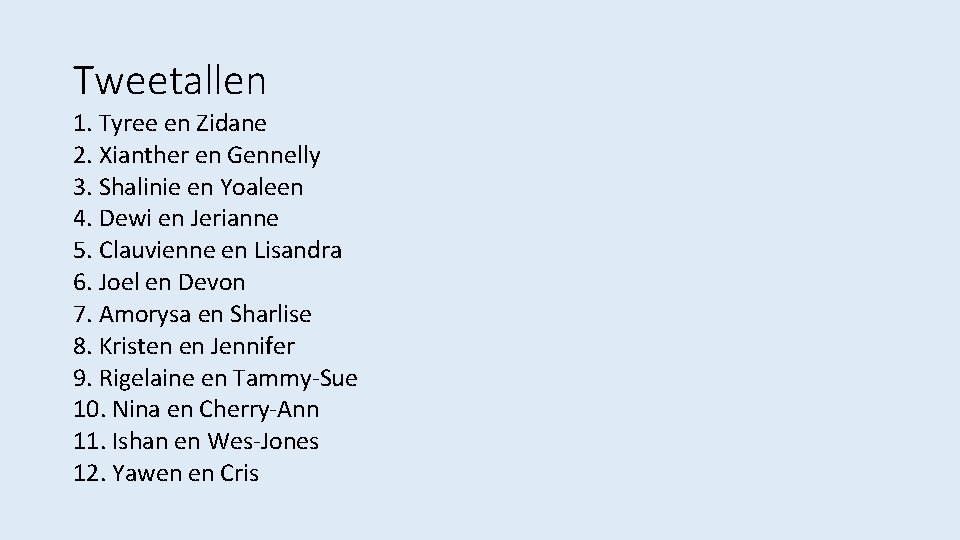 Tweetallen 1. Tyree en Zidane 2. Xianther en Gennelly 3. Shalinie en Yoaleen 4.