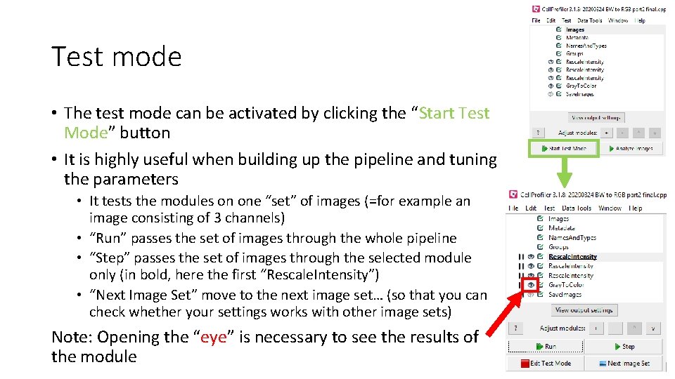 Test mode • The test mode can be activated by clicking the “Start Test