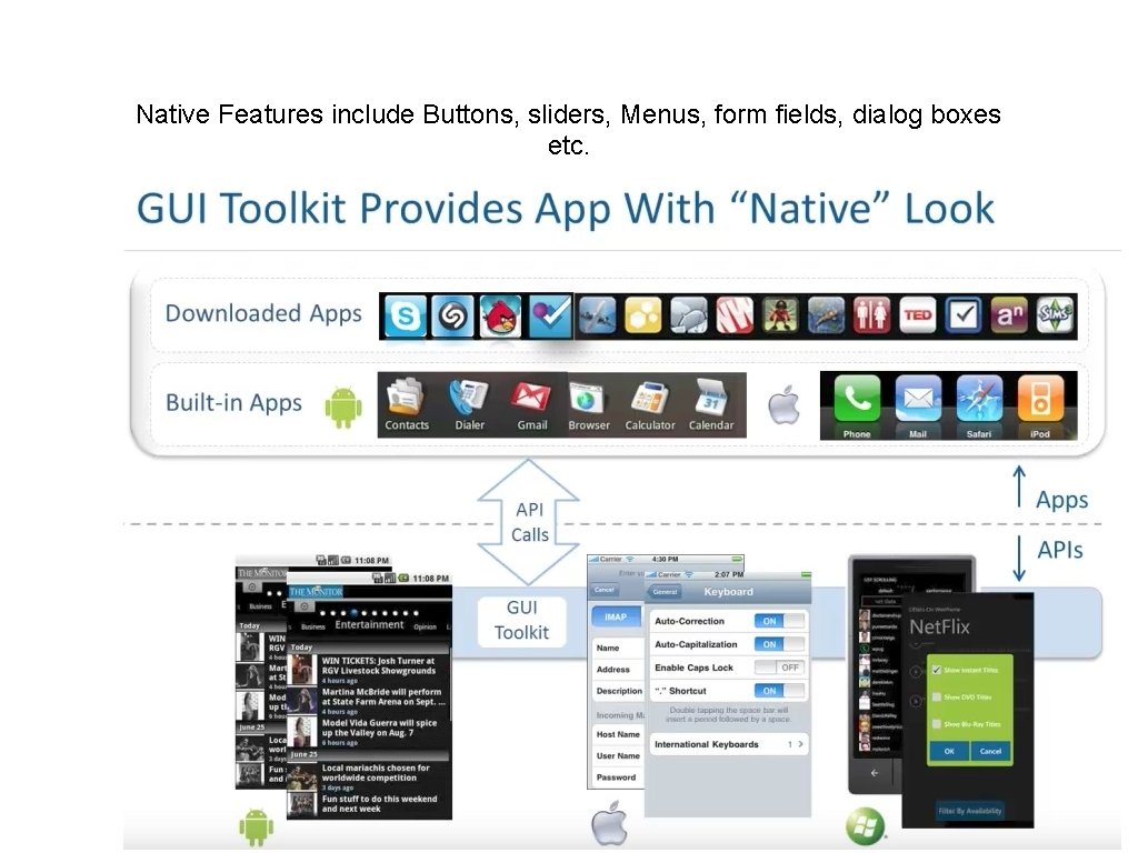 Native Features include Buttons, sliders, Menus, form fields, dialog boxes etc. 