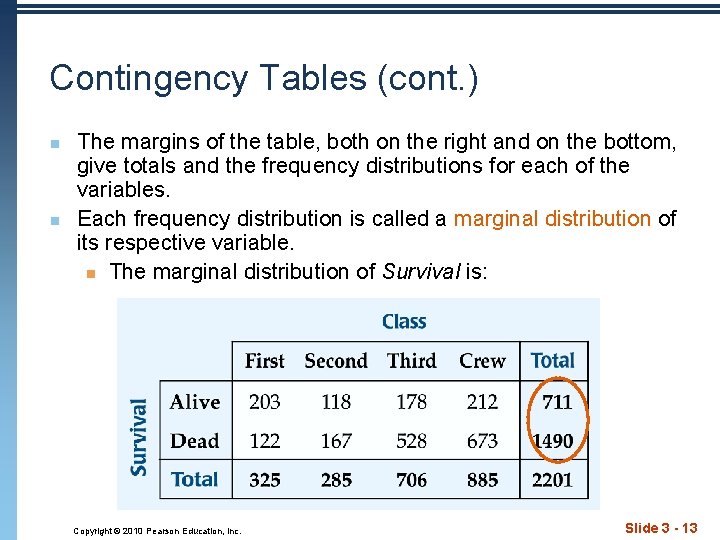 Contingency Tables (cont. ) n n The margins of the table, both on the