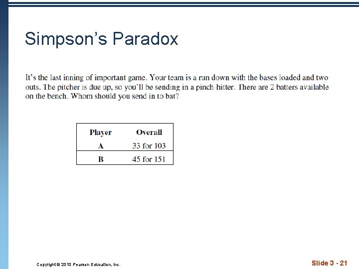 Simpson’s Paradox Copyright © 2010 Pearson Education, Inc. Slide 3 - 21 